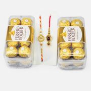 Nice Looking Designer Rakhis for Couple with Ferrero Rocher Chocolates Two 16 Pc Box
