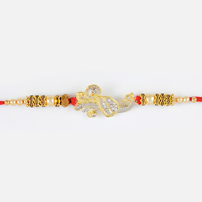 Silver and Golden Designer Peacock Rakhi with Golden Pearl 