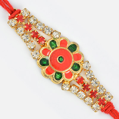 Amazing Red Base Floral Rakhi with Red and Shining Diamonds