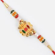 Central Red Bead Golden Design Rakhi with Multi-Colored Gems