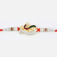 Amazing Multi-colored Peacock Rakhi with White Pearl and Silver Beads