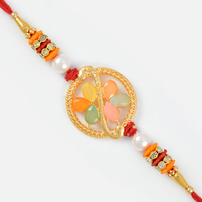 Circular Shaped Golden Rakhi with Multi-Colored Stones 