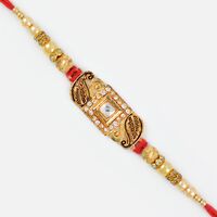 Square Shape Studded Diamond Golden Pearl Rakhi