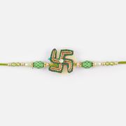 Graceful Green Color Swastik with Golden Beads and Centered Diamond Rakhi