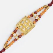 Elegant Work of Glass Zardosi and Golden Beads with Pearl in Center Rakhi