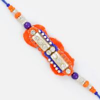 Eye Catching Work of Centered Diamonds and Orange Blue Beads Diamond Rakhi