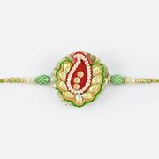 Natural Green Base and Finest Work of Zardosi with Crystal Pearl Golden Beads Rakhi