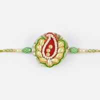 Natural Green Base and Finest Work of Zardosi with Crystal Pearl Golden Beads Rakhi
