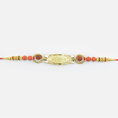 Veera Written Beads and Jewel Golden Color Design er Rakhi