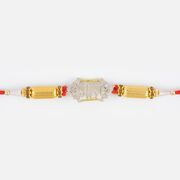 Silver Design Veera Rakhi with Golden Beads and Metallic Diamonds