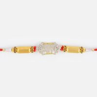 Silver Design Veera Rakhi with Golden Beads and Metallic Diamonds