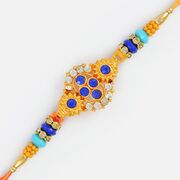 Golden Base Studded Blue and Silver Diamond Rakhi
