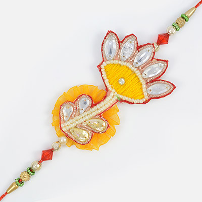 Vintage work of zardosi and crystals with Red golden beads in fancy moli Rakhi