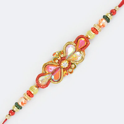 Zardozi Work Glass and Golden Elements Fancy Rakhi with Multi Beads