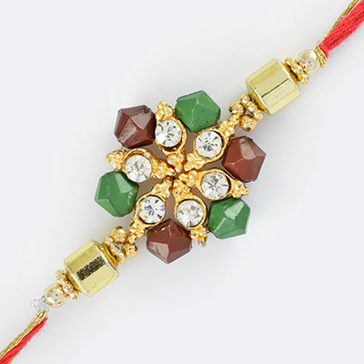 Moli String Golden and Metallic Colored Beads Fancy Rakhi with Diamonds