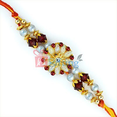 Glamorous Fancy Mauli Rakhi with Floral Design Diamond and Beads Work