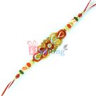 Zardozi Work Glass and Golden Elements Fancy Rakhi with Multi Beads