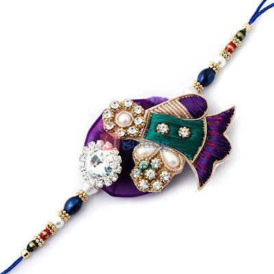 Exclusive designer diamond Rakhi with marrow of beads in blue fancy Rakhi