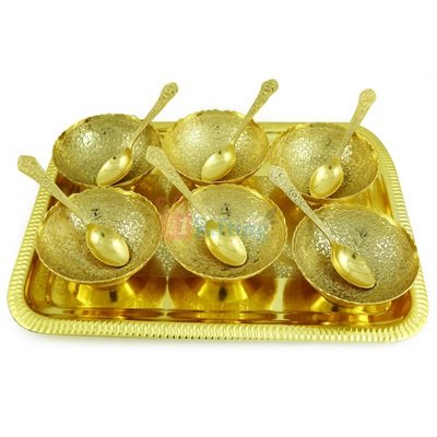Bowl Gift Set of 6 with Tray and Spoons Golden Plated