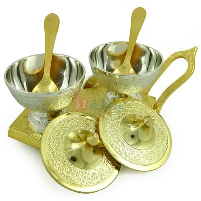 Royal Ice Cream Bowl Pair with Designer Trolley Golden Silver Plated