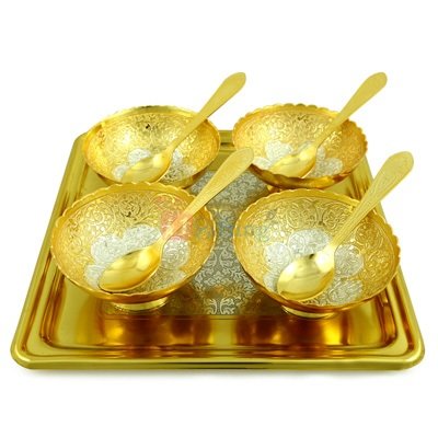 Brass Golden Silver Capsule Bowl Set of 4 with Tray and Spoons