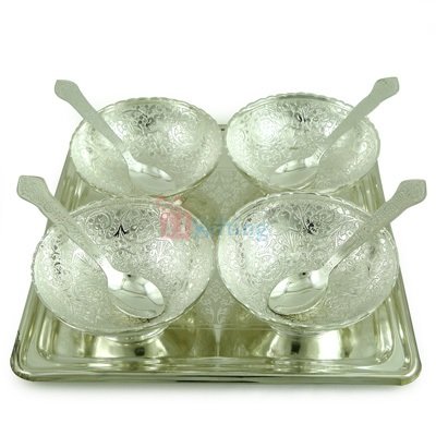 Bowl Set of 4 Silver Plated with Spoons and Tray