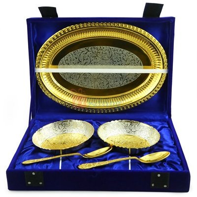 Bowl Pair Golden Silver Plated with Designer Oval Tray