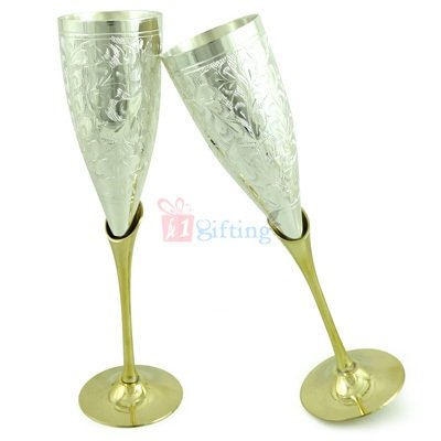 Long Goblet Pair Golden Silver Plated for Gift