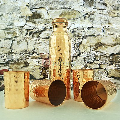 Hammered Copper Water Bottle with Four Glass Set