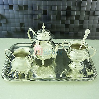 Beautiful Silver Brass Tea Serving Set with Tray