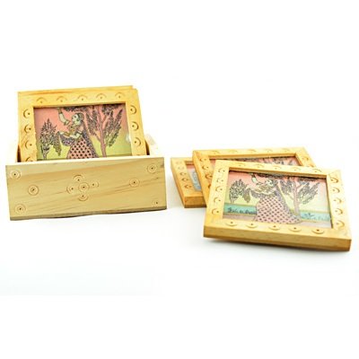 Handicraft 6 Pcs Tea Coaster Wooden Painted with Base Holder
