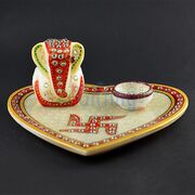 Heart Shape Marble Pooja Thali with Ganesha Statue
