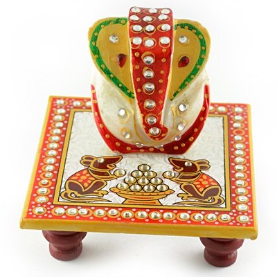Beautiful Marble Handicraft Ganesha on Chouki