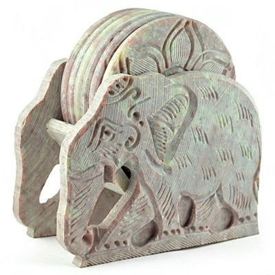 Red Stone Tea Coaster with Elephant Statue 