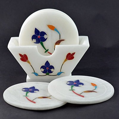 White Stone Coaster Standing with Flower Design
