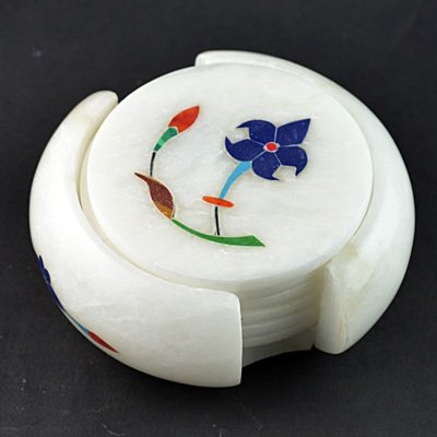 White Stone Coaster Horizontal with Flower Handicraft 