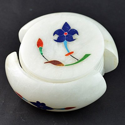 White Stone Coaster Horizontal with Flower Handicraft 