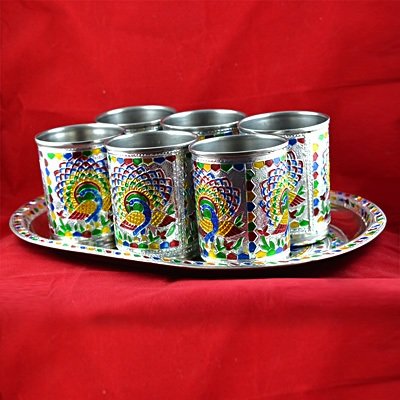 Handicraft Tray and 6 Glass Set with Meenakari