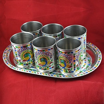 Handicraft Tray and 6 Glass Set with Meenakari
