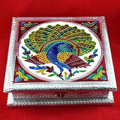 Silver Handicraft Dry fruit Box with Peacock Meenakari Painting