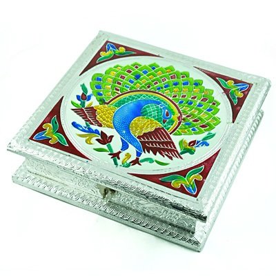 Silver Handicraft Dry fruit Box with Peacock Meenakari Painting