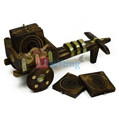 Designer Wooden Bullock Cart Handicraft Tea Coaster