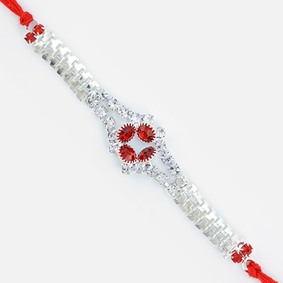 Jewels Rakhi in Red Dori with White and Red Diamonds