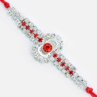 White and Red Jewel Flower Linear Rakhi