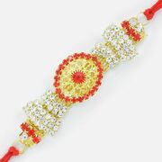 Simple Elegant Golden and Red Diamond Base Floral Rakhi