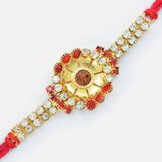 Golden Base Central Studded Rudraksh Rakhi with Diamonds