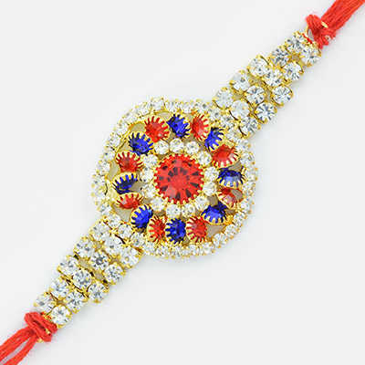 Awesome White Red and Blue Jewel Golden Rakhi