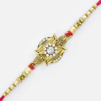 Magical Sparkling Diamonds Work with Golden Leaves Base Rakhi