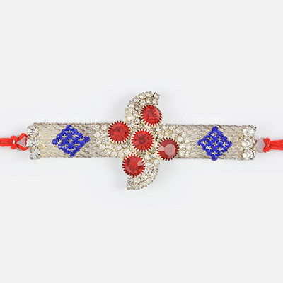 Awesome White Red and Blue Belt Type Jewel Silver Rakhi
