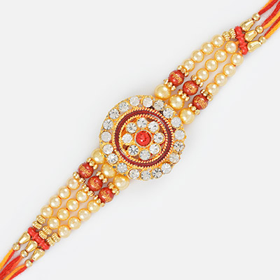 Floral Shape Golden Design Rakhi with Diamonds and Jewels